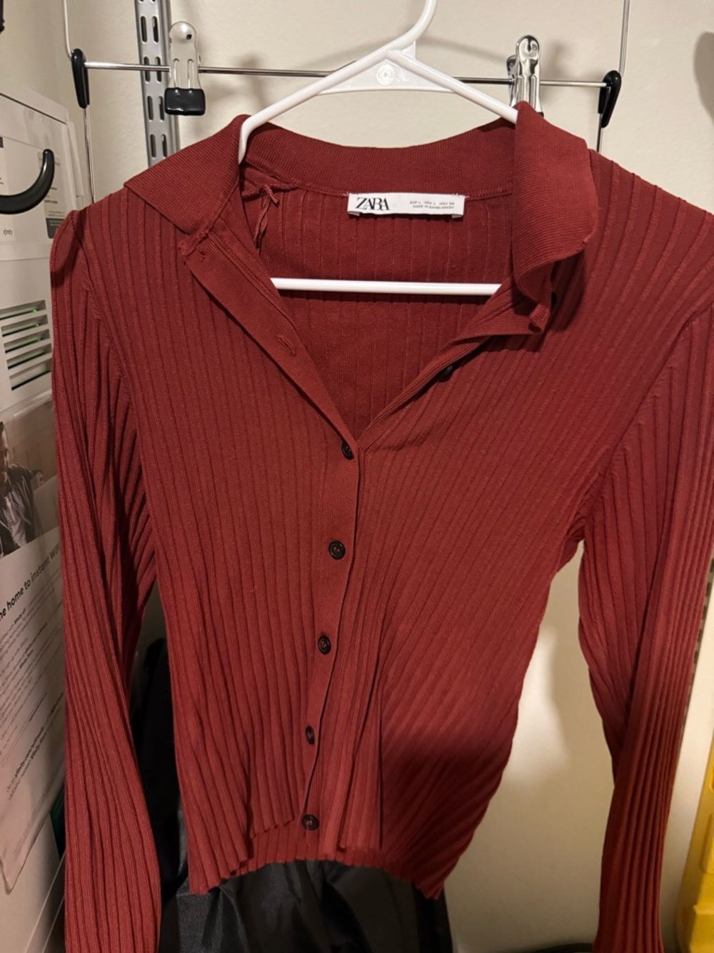 Zara Button-Front Ribbed Long Sleeve Top in Rust Red